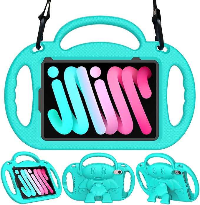 Kids Case for iPad mini 7 (A17 Pro) 2024/ Mini 6 2021, iPad mini 7th/6th Generation Case with Shoulder Strap - Durable Shockproof with Handle Stand Protective Cover for iPad 8.3 Inch, Cyan