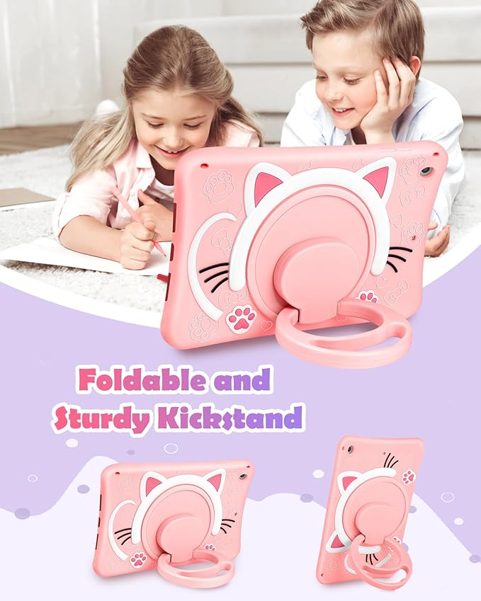 Wazzasoft for iPad 9th/8th/7th Generation Case 10.2 Inch Cute Girls Kawaii Cover Girly 3D Cat Cartoon Women with Rotating Handle Stand & Strap Soft Silicone Funda for Apple iPad Cases 9th/8th/7th Gen
