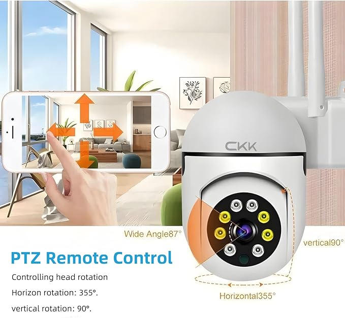 CKK 1080P Security Camera Outdoor Corded Power, 2MP PTZ WiFi Home Camera (2.4G/5G Dual-Band), 360° Pan/Tilt, Color Night Vision, Motion Alerts, 2-Way Audio, Compatible with Alexa, SD/Cloud Storage