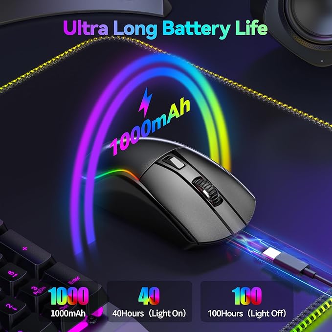 TECKNET Tri-Mode Wireless Gaming Mouse, RGB Backlit Bluetooth 5.0/2.4G/USB-C Rechargeable Ergonomic Mouse with 6 Programmable Buttons, 24000 DPI, 1000Hz Polling Rate, for PC Laptop Mac Gamer
