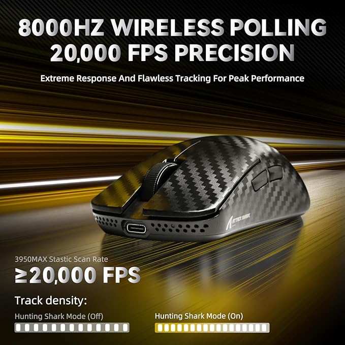 ATTACK SHARK R11 Ultra 8K Carbon Fiber Wireless Gaming Mouse with 42000 DPI-PAW3950 MAX Sensor-49g Lightweight,Nordic 52840 MCU Chip,Wired/BT/2.4Ghz Programmable,RGB Coiled Cable for PC(Black Wave)