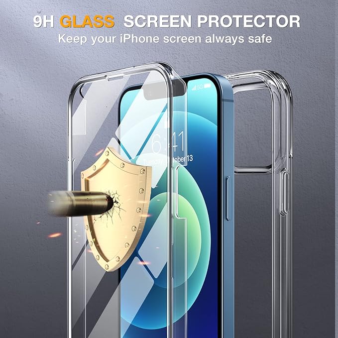 Miracase Glass Case for iPhone 12/12 Pro 6.1 inch, Upgraded Full-Body Rugged Phone Bumper Case Cover with Built-in 9H Tempered Glass Screen Protector and Camera Protector, Clear