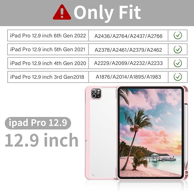 Case for iPad Pro 12.9 Inch (6th/5th/4th/3rd Generation 2022/2021/2020/2018) with Pencil Holder, Clear Transparent Back Shell Slim Stand Shockproof Tablet Cover, Auto Wake/Sleep, Pink