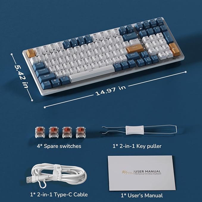 RK ROYAL KLUDGE RK98 Wireless Mechanical Keyboard, 100 Keys 98% Layout with Custom Switches Hot Swappable, Tri-Mode BT5.1/2.4G/USB-C Full Size Gaming Keyboard with Numpad RGB, Brown Switch