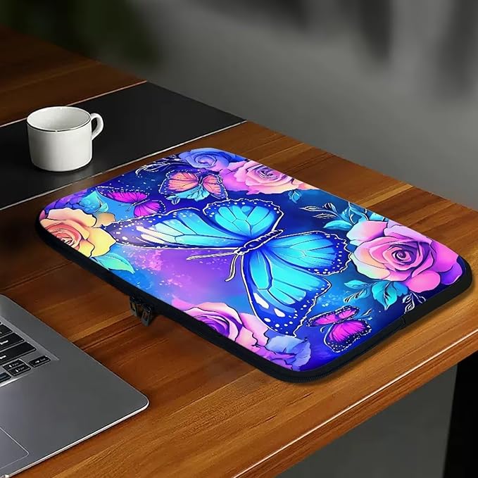 Butterfly Computer Sleeve for Women Laptop Sleeve 15inch Neoprene Lap Top Case with Padded Compartment Computer Carrying Case Purple Rose Laptop Sleeve Bag