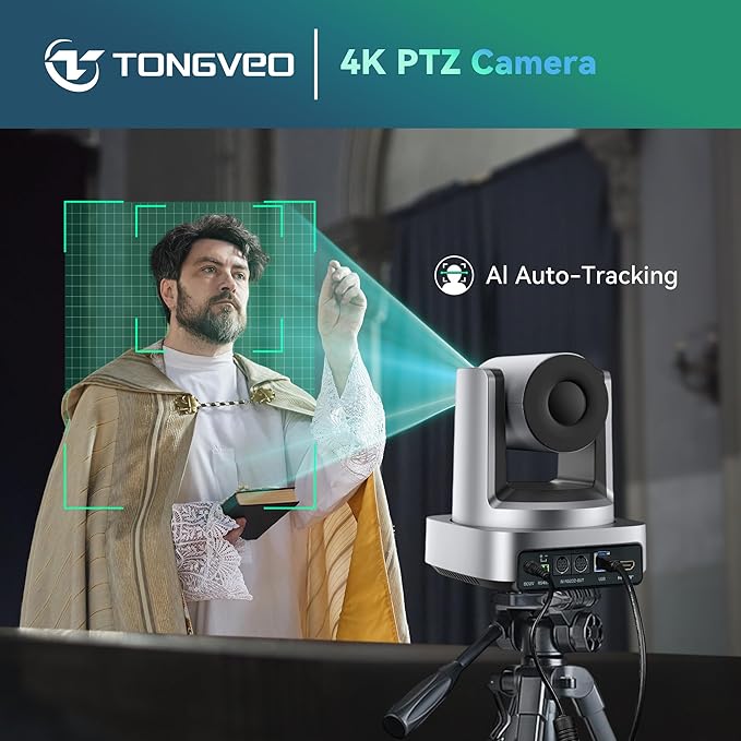 TONGVEO 4K AI PTZ Camera with 10X Optical Zoom & Bluetooth Conference Speakerphone, Auto Tracking Video Conferencing System with 360° Voice Pickup, HDMI USB Webcam for Church, Zoom, Teams