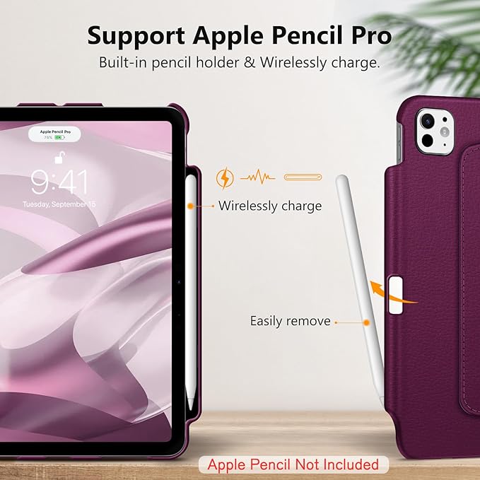 Fintie Rotating Case for iPad Pro 11-inch (M5) 2025 / (M4) 2024 - [Built-in Pencil Holder] 360 Degree Swiveling Smart Stand Protective Cover, Auto Sleep/Wake, Purple