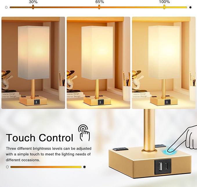 aooshine Gold White Touch Table Lamp - Bedside Lamp with USB A + Type C Charging Ports and Two AC Outlets, Small Night Stand with E26 LED Bulb, Desk Light for Bedroom Living Room Office Dorm