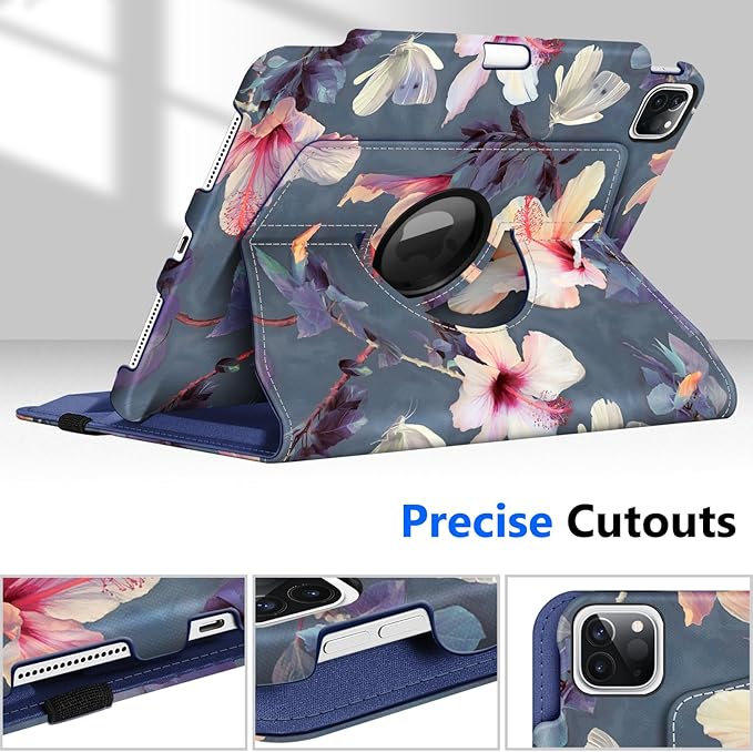 Fintie Rotating Case for iPad Pro 11-inch (4th / 3rd Generation) 2022/2021-360 Degree Swiveling Stand Cover w/Pencil Holder, Auto Sleep/Wake, Also Fit iPad Pro 11" 2nd/1st Gen, Blooming Hibiscus