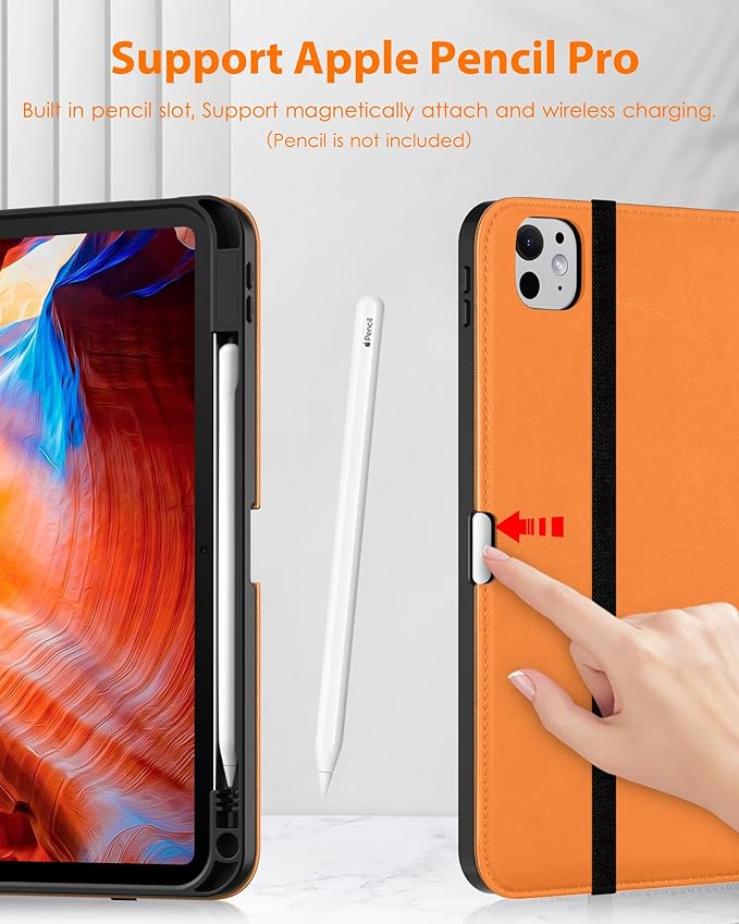 DTTO for iPad Pro 11 inch Case (M5/M4) 2025/2024, Premium Leather Business Folio Stand Cover with Pencil Holder - Auto Wake/Sleep and Multiple Viewing Angles, Orange