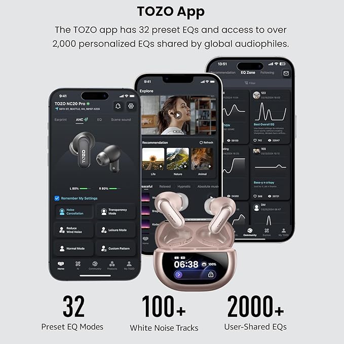 TOZO NC20 Pro Active Noise Cancelling Wireless Earbuds with Smart Touch Screen, LDAC Hi-Res Audio, Stereo Bass, 6 Mics AI Call Ear Buds, 80H Playtime, IPX8 Waterproof, 32 EQ via App, Wireless Charging