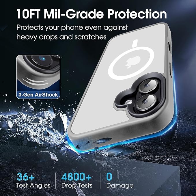 Magnetic for iPhone 16 Case [10FT-Grade Drop Tested & Compatible with MagSafe] Translucent Anti-Fingerprint Shockproof Protective Cover 6.1 Inch,Gray