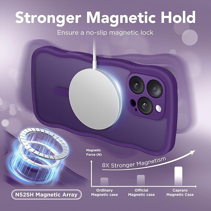 CAPRARO Cute for iPhone 15 Pro Case, Compatible with MagSafe, [Curly Wave Edge] [Full Camera Protection] [14 FT Drop Protection] Magnetic Phone Case for 15 Pro 6.1 Inch, Deep Purple