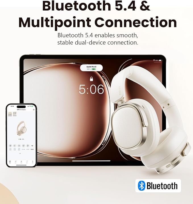 Edifier ES850NB Active Noise Cancelling Headphones, Over Ear Bluetooth Headset, 92H Playtime Wired & Wireless Hi-Res Audio Certified, Fast Charging Clear Calls for Home Office Travel - Ivory