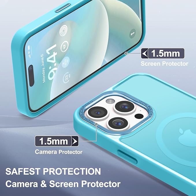 Newfuture Magnetic for iPhone 15 Pro Case [Compatible with Magsafe] [Military Grade Drop Protection] Translucent Matte Anti-Fingerprint Shockproof Phone Case for iPhone 15 Pro 6.1 inch, Lake Blue