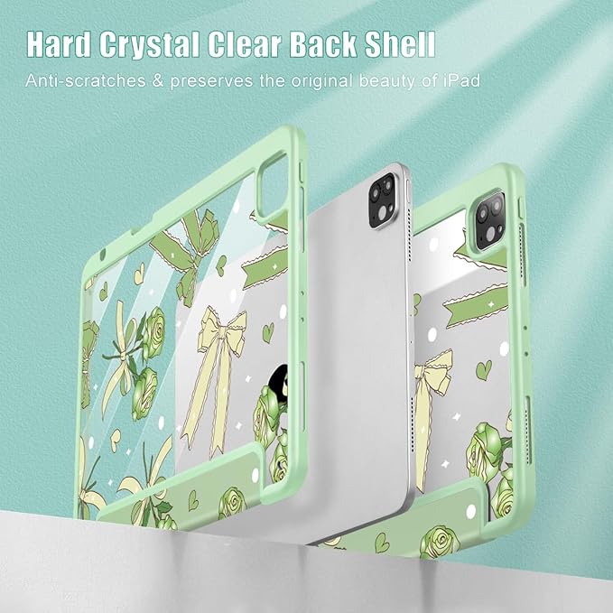 Tuiklol for iPad Pro 11 Inch 4th / 3rd / 2nd / 1st Gen (2022 2021 2020 2018) Case -Built-in Pencil Holder Shockproof Cover Clear Transparent Back Shell with Auto Wake/Sleep, Bow & Rose Green