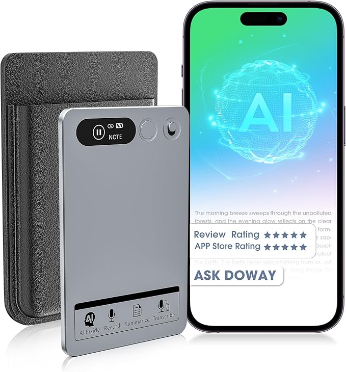 AI Voice Recorder, Voice Recorder w/Case, App Control, Transcribe & Summarize with AI Technology, Support 152 Languages, 64GB Memory, Audio Recorder for Lectures, Meetings, Calls, Grey