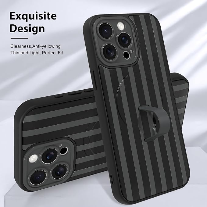 KANGHAR Compatible with iPhone 15 Pro Max Case, Support for MagSafe, Silicone Stripes Cute Pattern, Wristband Kickstand Camera Protection Soft Slim Cover for Girls Women -Black