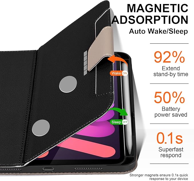 for iPad mini 7 (A17 Pro) 2024 iPad mini 6th Generation 2021 with Pencil Holder,Smart Leather Cover with Buckle, Protective, Auto Wake/Sleep, Adjustable Stand, Multiple View Angles, Black