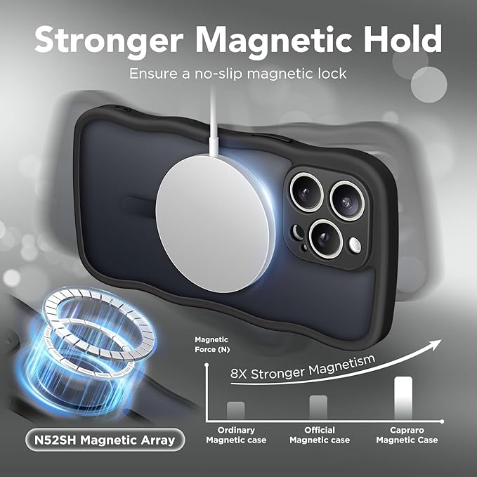 CAPRARO Cute for iPhone 15 Pro Max Case, Compatible with MagSafe, [Curly Wave Edge] [Full Camera Protection] [14 FT Drop Protection] Magnetic Phone Case for 15 Pro Max 6.7 Inch, Black
