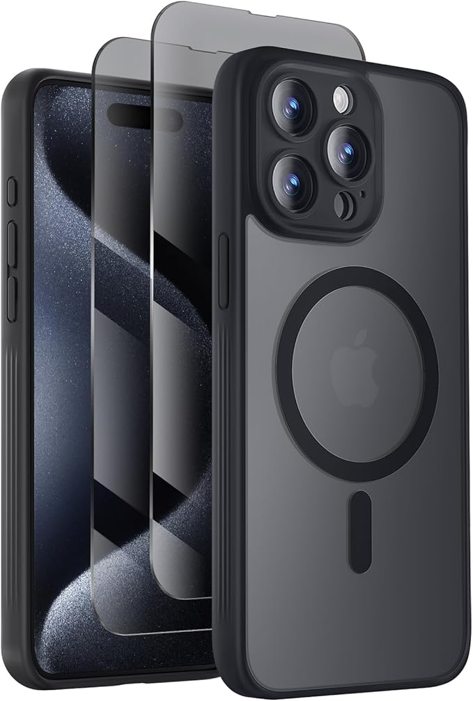 Symcele Designed for iPhone 15 Pro Max Case, Compatible with MagSafe, with Privacy Screen Protectors X2, [Camera Protection] [15FT Military Drop Protection] Shockproof Phone Case, 6.7", Black