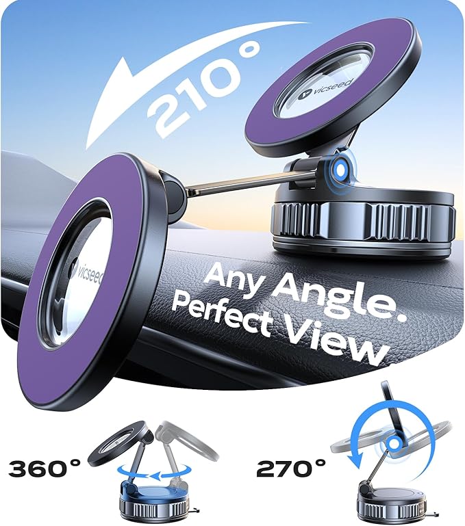 VICSEED 2026 Upgraded Car Phone Holder for Magsafe Car Mount [85 LBS Strongest Suction] Vacuum Magnetic Phone Holders for Your Car 360° Adjustable Car Phone Mount for iPhone 17 Pro Max 16 15 14 Purple