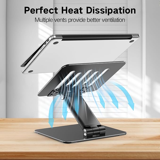 Tonmom Adjustable Laptop Stand for Desk, Metal Foldable Laptop Riser, Portable Laptop Holder, Ventilated Cooling Computer Notebook Stand Compatible with 10-17.3” Laptops