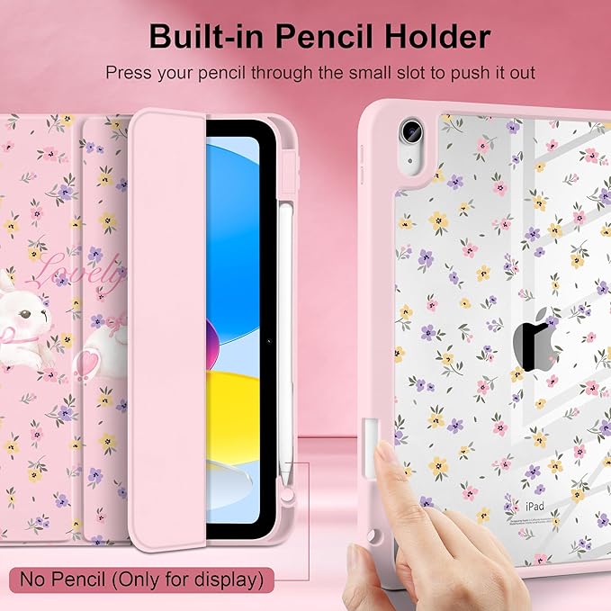 Case for iPad Air 13 inch 2026 M4 2025 M3 2024 M2 Release Slim Lightweight Shockproof Cute Light Pink Cover with Clear Back TPU Edge Pencil Holder Trifold Stand Auto Wake Sleep, White Rabbit