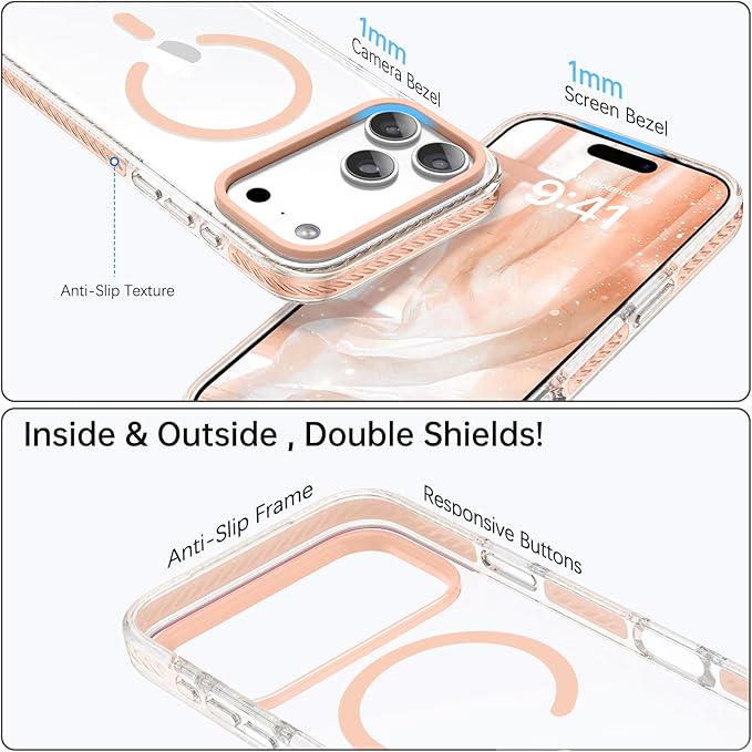 BENTOBEN Magnetic for iPhone 17 Pro Max Case 6.9", Compatible with Magsafe Shockproof Protective Bumper Cute Transparent Slim Anti-Yellowing Phone Case for iPhone 17 ProMax Cover, Clear Light Orange