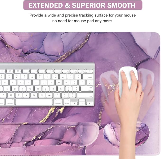 Large Keyboard Mouse Pad Set, Extended Mouse Pad+Keyboard Wrist Rest Support, Memory Foam Ergonomic Easy Typing, 4Pcs (35.4×15.7 in) Desk Pad Set for Home Office Study Game - Purple