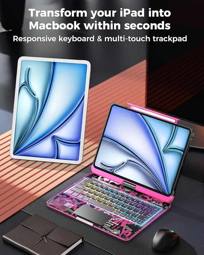 SIBEITU Clear Wireless Keyboard Case for iPad Air 11-inch (M4 2026/M3 2025/M2 2024) & iPad Pro 11-inch 4th 3rd 2nd 1st Gen, 7Color Backlit with Multi-Touch Trackpad for 10.9" iPad Air 5/4th Gen, Pink