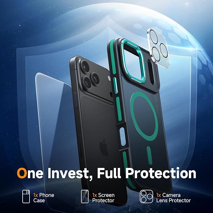 Magnetic 3 in 1 for iPhone 17 Pro Case, [Omni-Directional Protection] with 1x Screen Protector + 1x Camera Cover, [Seamless Work with Magsafe] Shockproof Slim Thin Matte Case for iPhone 17 Pro Green
