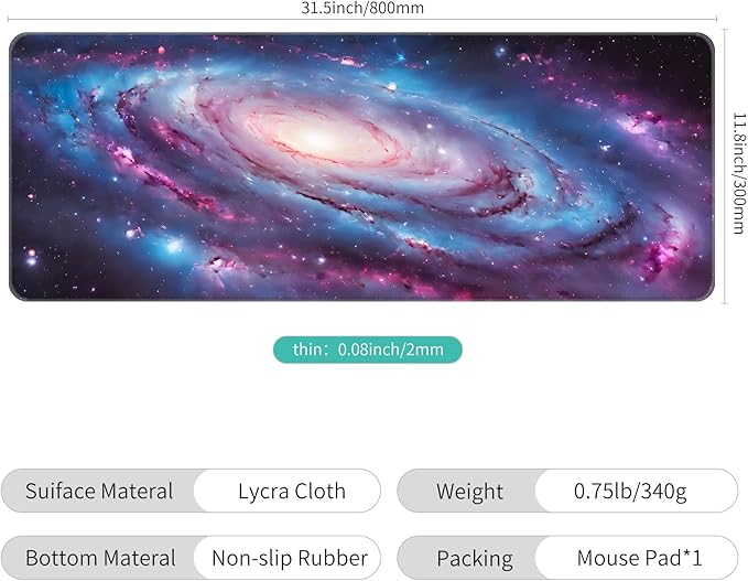 Thin Extended Gaming Mouse Pad （31.5 * 11.8 * 0.08 inch） with Stitched Edges Large Mousepad Long XXL Keyboard and Mouse pad Desk Mat for Gaming Office & Home - Spiral Galaxy