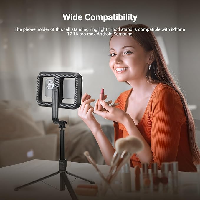 NEEWER Basics 10W Selfie Light with Tripod Stand, 1200mAh LED Square Ring Lighting, 72" Selfie Stick Phone Holder Compatible with iPhone, CRI90 3 Modes Remote for Travel Vlog Video Recording, NL100B