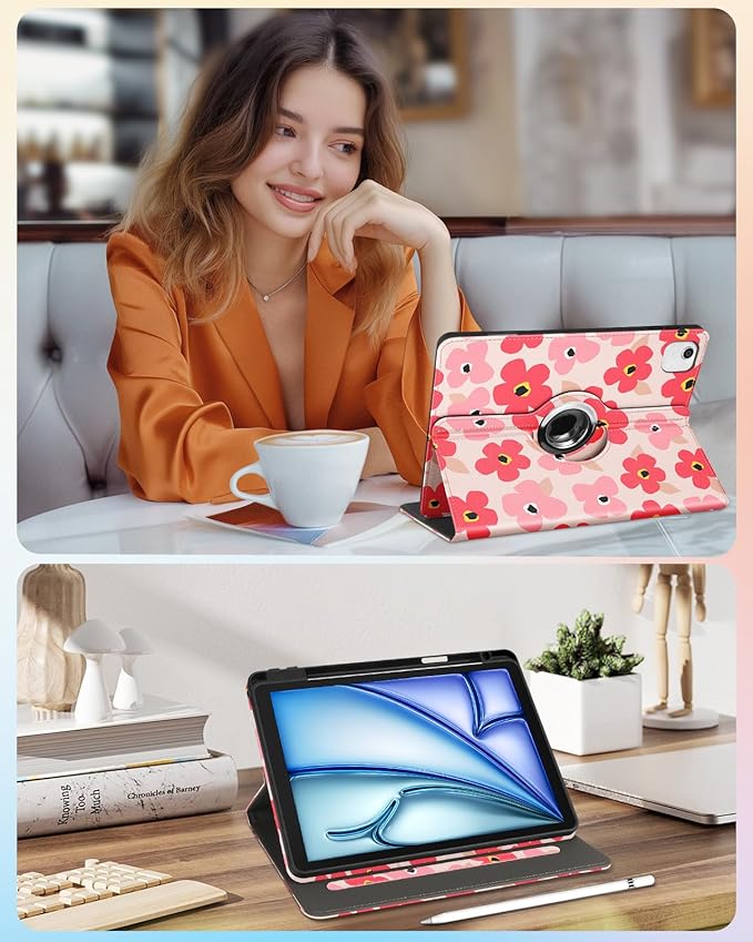 Kidcube for iPad Air 11 Inch Case M3/M2, Air 5th/4th Generation Cases 10.9'', Pro 11'' 2020 - Women Girls Aesthetic Cute Rotating Stand Folio Cover with Pencil Holder & Card Slot Floral Flowers