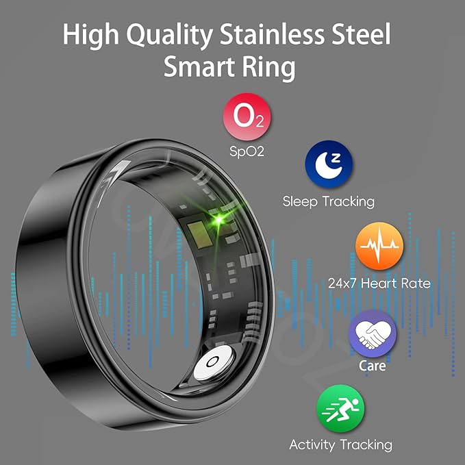 Smart Ring Health Tracker, Fitness Sleep and Heart Rate Monitor Smart Ring, Waterproof Bluetooth Fitness Tracker Ring IPX68 Waterproof (Black, 8)