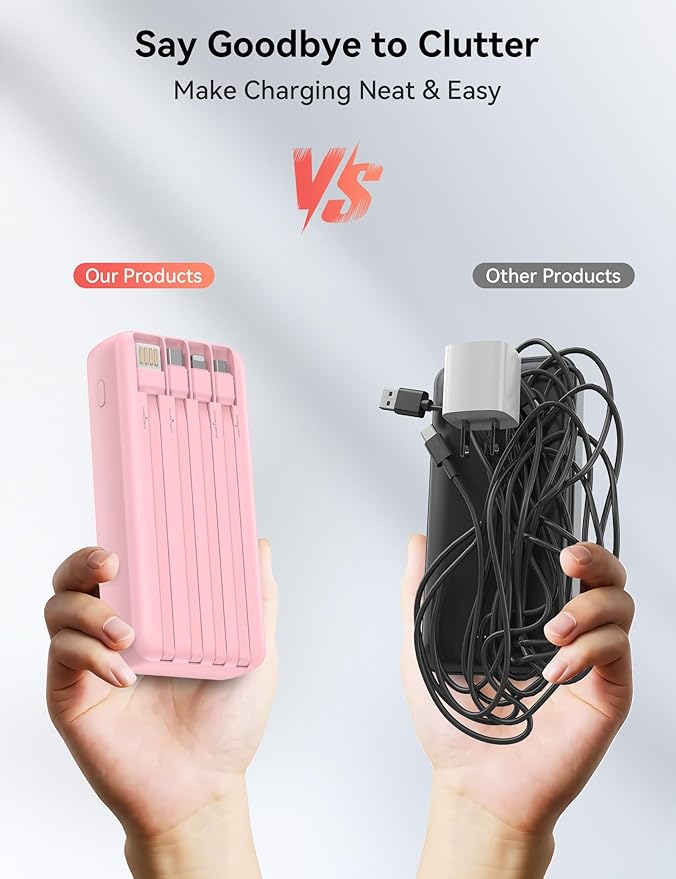 Portable Charger, 20000mAh 22.5W Fast Charging Power Bank with 4 Built-in Cables, Travel Essentials External Battery Pack with LED Display, 6 Outputs Charging Bank for iPhone, iPad, Samsung etc Pink