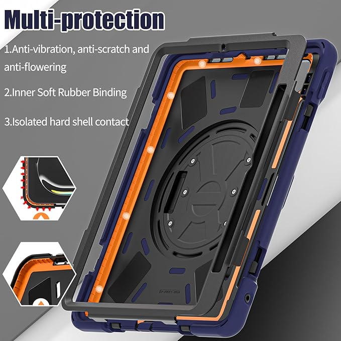 Batianda Case for New iPad Pro 11-inch 2025 M5 2024 M4 Chip Heavy Duty Rugged Durability Silicone Tablet Cover with 360° Rotating Hand Strap Foldable Hidden Stand & Shoulder Strap, Navy Blue