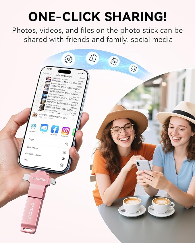 MFi Certified Photo Stick 256GB USB Flash Drive for iPhone, 4 in 1 External Memory Thumb Drive for Picture Video Backup, High Speed Memory Stick Pen Drive for iPhone/iPad/Android/PC (Rose Pink)