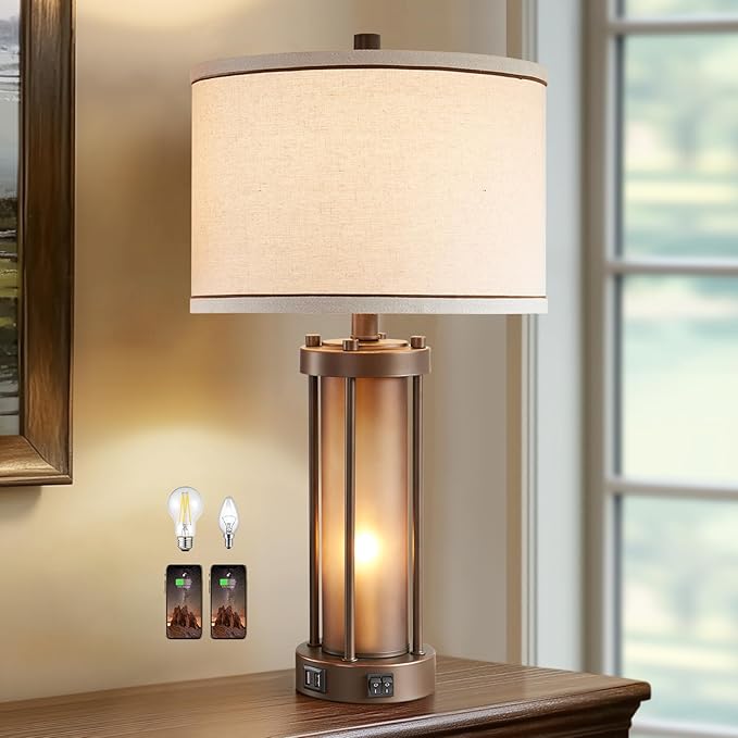 RORIA Farmhouse Table Lamps for Living Room with 2 USB Charging Ports, Vintage Rustic Nightstand Lamp with Amber Glass Nightlight, Retro Desk Lamp for Bedroom Entryway, 2 Bulbs Included