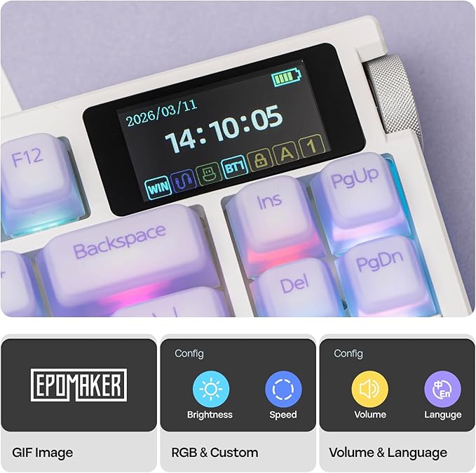 EPOMAKER G84 PRO Wireless Gaming Keyboard with Screen&Knob, 75% Creamy Mechanical Keyboard, 8000mAh, Hot Swappable, Silicone Keycaps, BT5.0/2.4G/USB-C Mode, NKRO, RGB (Purple, Creamy Jade Switch)