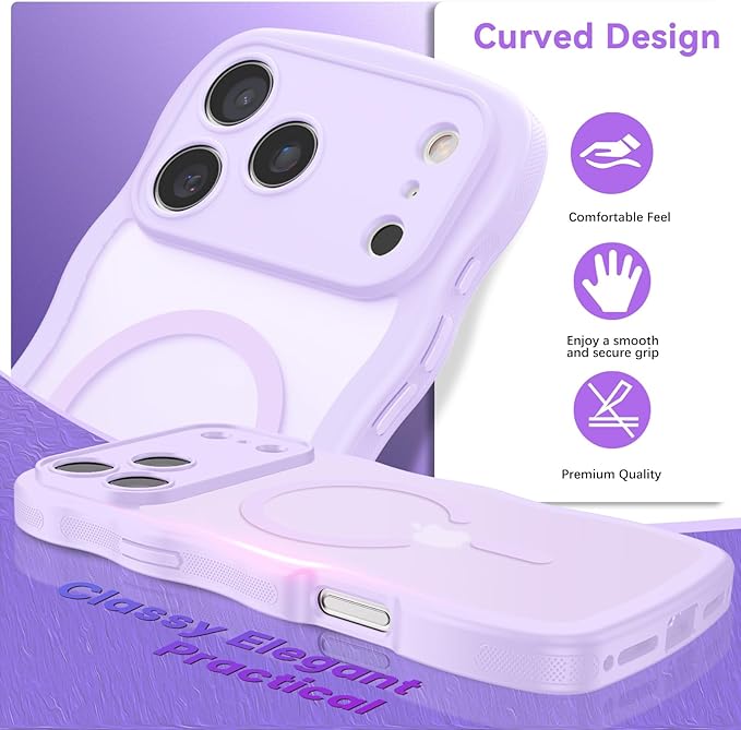 BENTOBEN Magnetic for iPhone 17 Pro Max Case, Cute Wavy [Full Camera Protection][Compatible with MagSafe] Matte Anti-Slip Bumper Women Girls Boys Protective Cover for 17 ProMax 6.9", Lavender Purple
