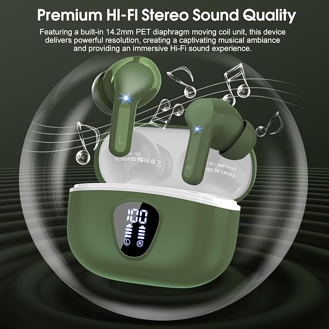 Wireless Earbuds, Bluetooth 5.4 Headphones HiFi Stereo, Bluetooth Earbuds with ENC Noise Cancelling Mic, IP7 Waterproof in Ear Earphones, 48H, LED Display Ear buds for Pad Workout Sports, Retro Green
