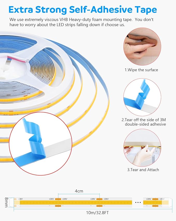 Aclorol COB Led Strip Lights 24V 32.8ft Led Strips Lights 3000K Warm White 320Leds/m CRI85+ Flexible LED Tape Lighting for Bedroom TV Party Home Indoor Decor 10M(Power Supply&LED Dimmer Not Included)