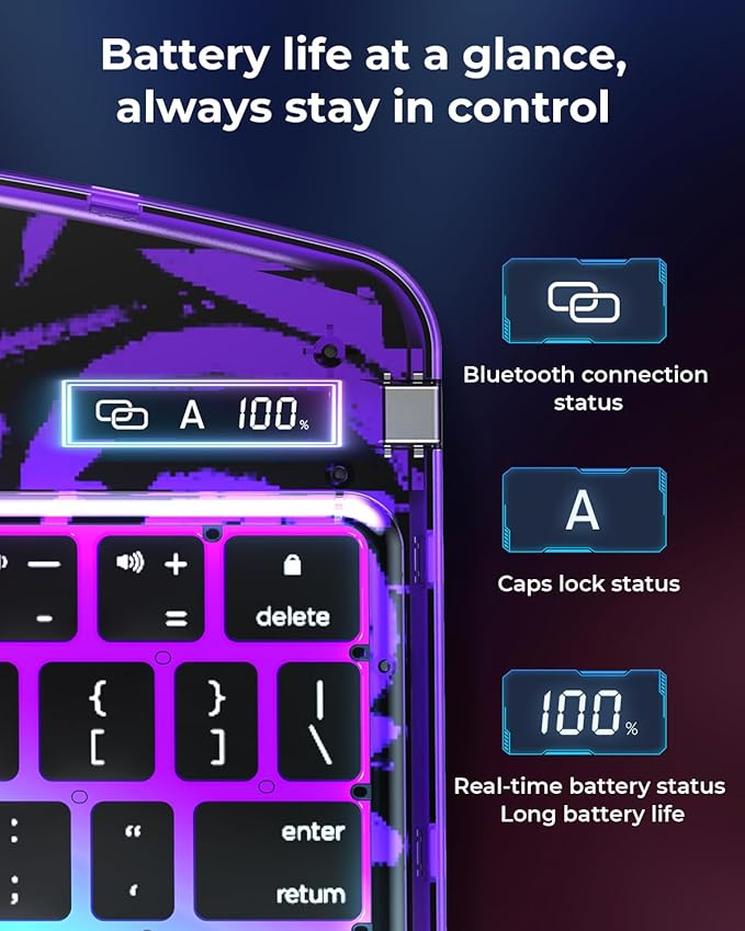 TSQQST Clear Wireless Keyboard Case for iPad Pro 11 Inch (M5/M4) 2025/2024 with Pencil Holder & Multi-Touch Trackpad, Visible PCB, 3-Brightness & 7-Color Backlight, 360° Rotating Stand, Purple