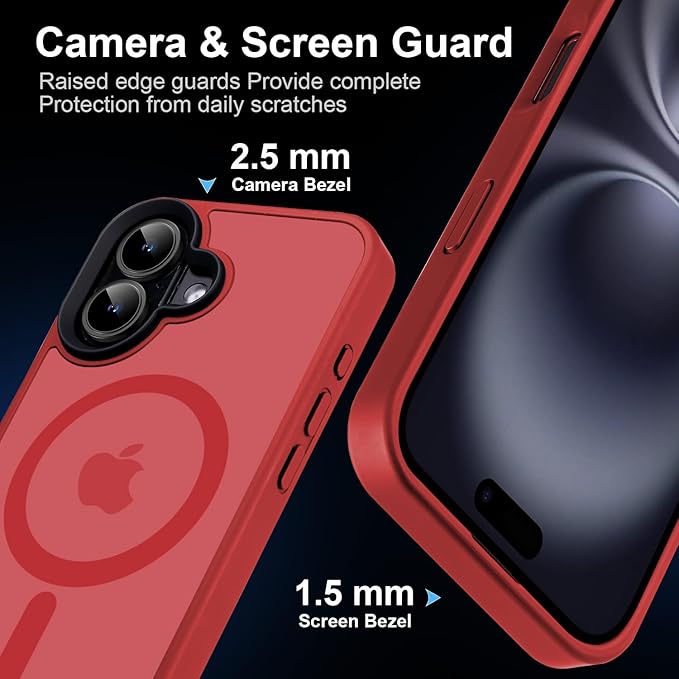 Powerful Magnetic Case for iPhone 16 Case [10FT-Grade Drop Tested & Compatible with MagSafe] Translucent Anti-Fingerprint Shockproof Protective Cover 6.1 Inch, Red