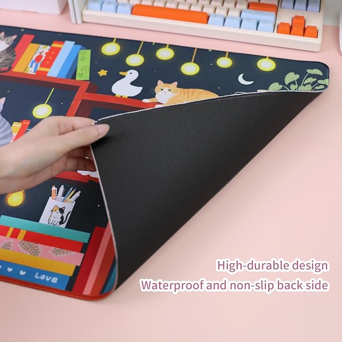 PERFECTSIGHT Cute Cat Desk Pad Kawaii Kitty Desk Mat, Large Gaming Mouse Pad, Funny Deskmat Mousepad, Anime Laptop Keyboard Pad Office Home Decor for Women Girls, Black