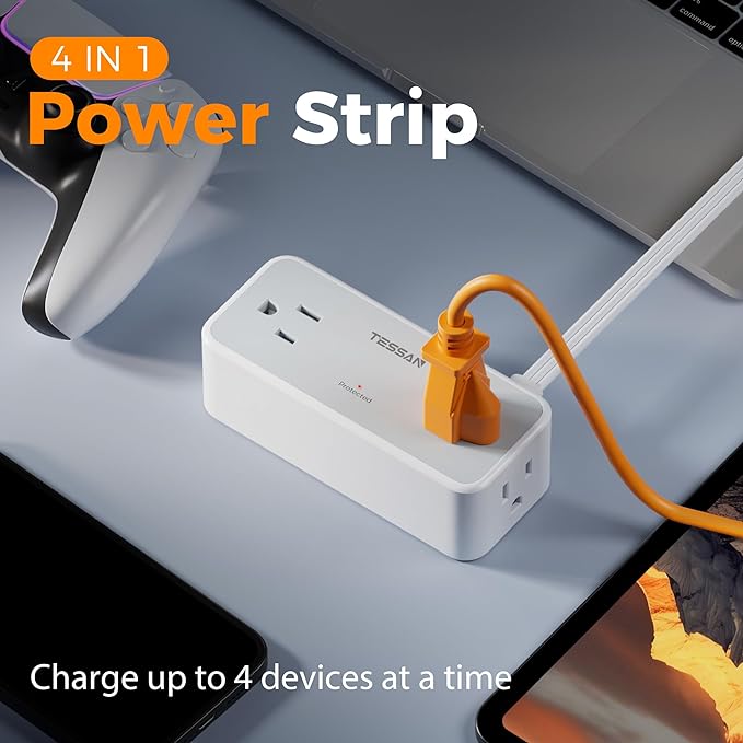 TESSAN Flat Plug Extension Cord 10 FT, Surge Protector Power Strip with 4 AC Outlets, 900 Joules Protection, Multiple Wall Outlet Extender Suitable for Office Dorm, Grey