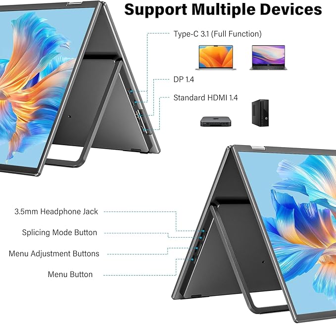 InnoView 23.8" Dual Portable Monitor 180Hz 2560 x 1440P 2K 100% sRGB - Foldable & Stackable Design with 315° Screen Adjustment & 180° Stand | USB-C/HDMI, Dual Monitor for Laptop, Mac, Windows