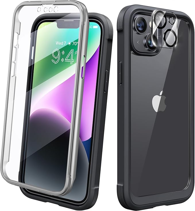 Diaclara Designed for iPhone 14 Case, Full Body Rugged Case with Built-in Touch Sensitive Anti-Scratch Screen Protector, with Camera Lens Protector for iPhone 14 6.1" (Black and Clear)